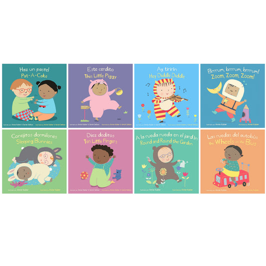 Eight colorful bilingual children's board books with illustrated covers featuring rhyming stories in English and Spanish, including titles like Pat-A-Cake, This
