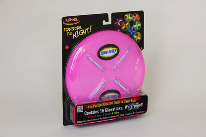 Lumi-niter Glow Disc Kit in bright pink with 16 glow sticks, shown in packaging that reads 'Transform the Night' and 'Contains 16 Glowsticks: 4 Red, 4 Green, 4