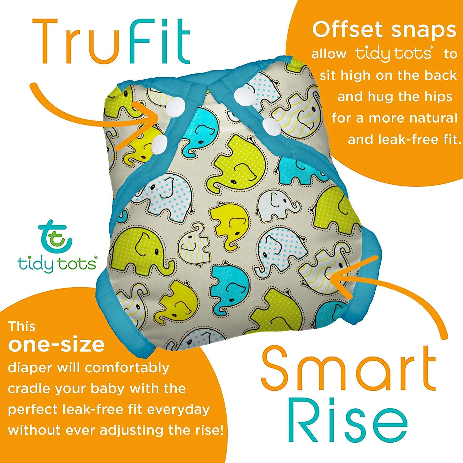 TruFit Smart Rise one-size diaper with teal trim and colorful elephant pattern, showing offset snaps feature for leak-free fit on babies