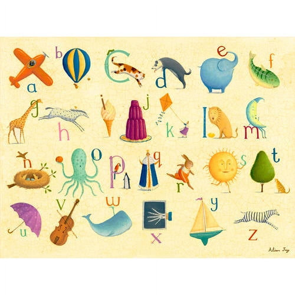 Illustrated alphabet poster with watercolor-style letters A–Z paired with whimsical objects and creatures on cream background, including airplane, balloon, gira