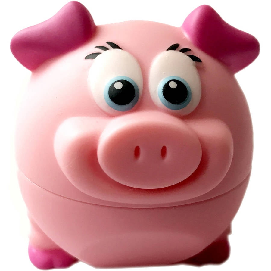 Pink plush pig toy with large blue eyes, black eyelashes, pink snout, and magenta ears on plain white background
