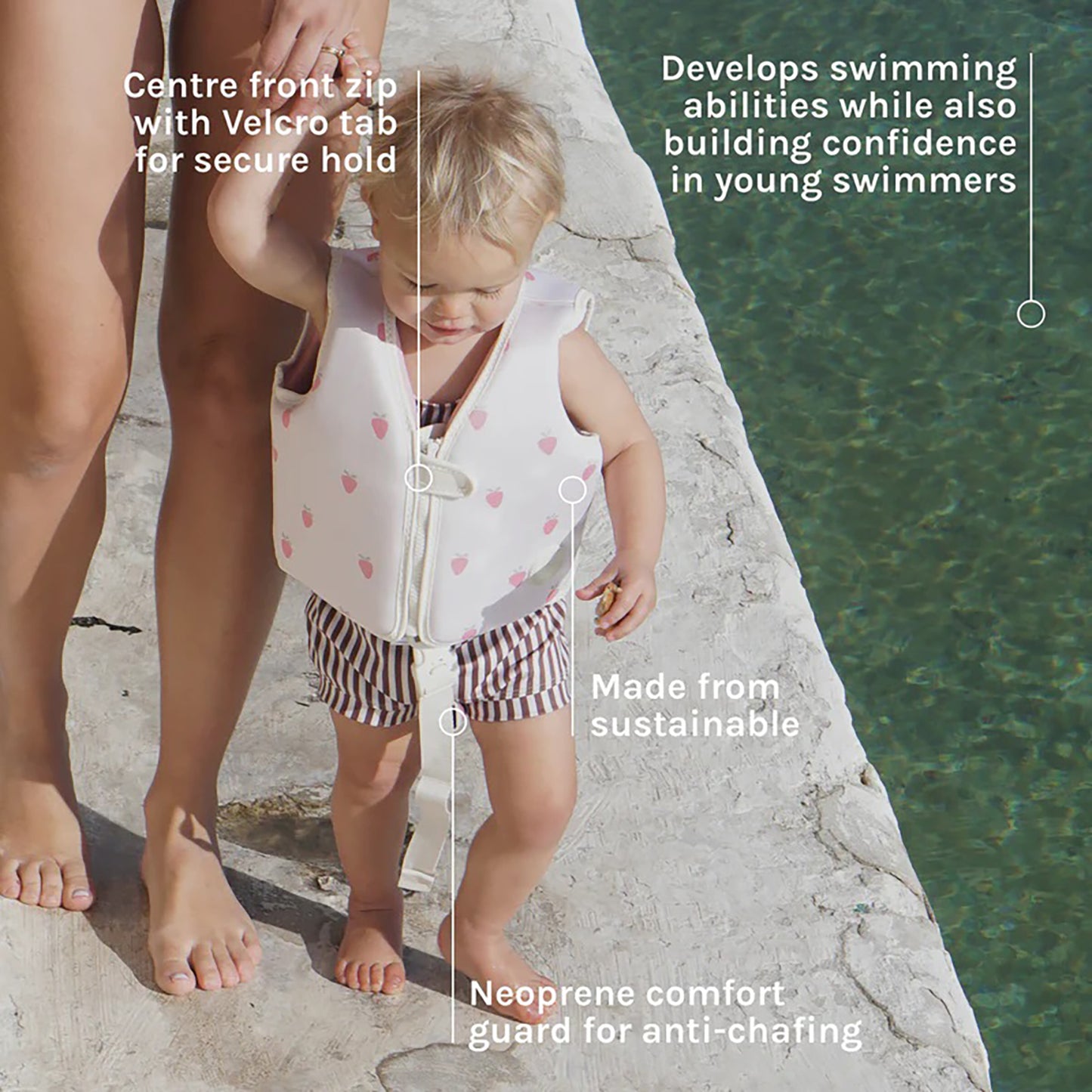 Sunnylife Kids Swim Vest in white with pink strawberry print, featuring center front zip and neoprene comfort guard