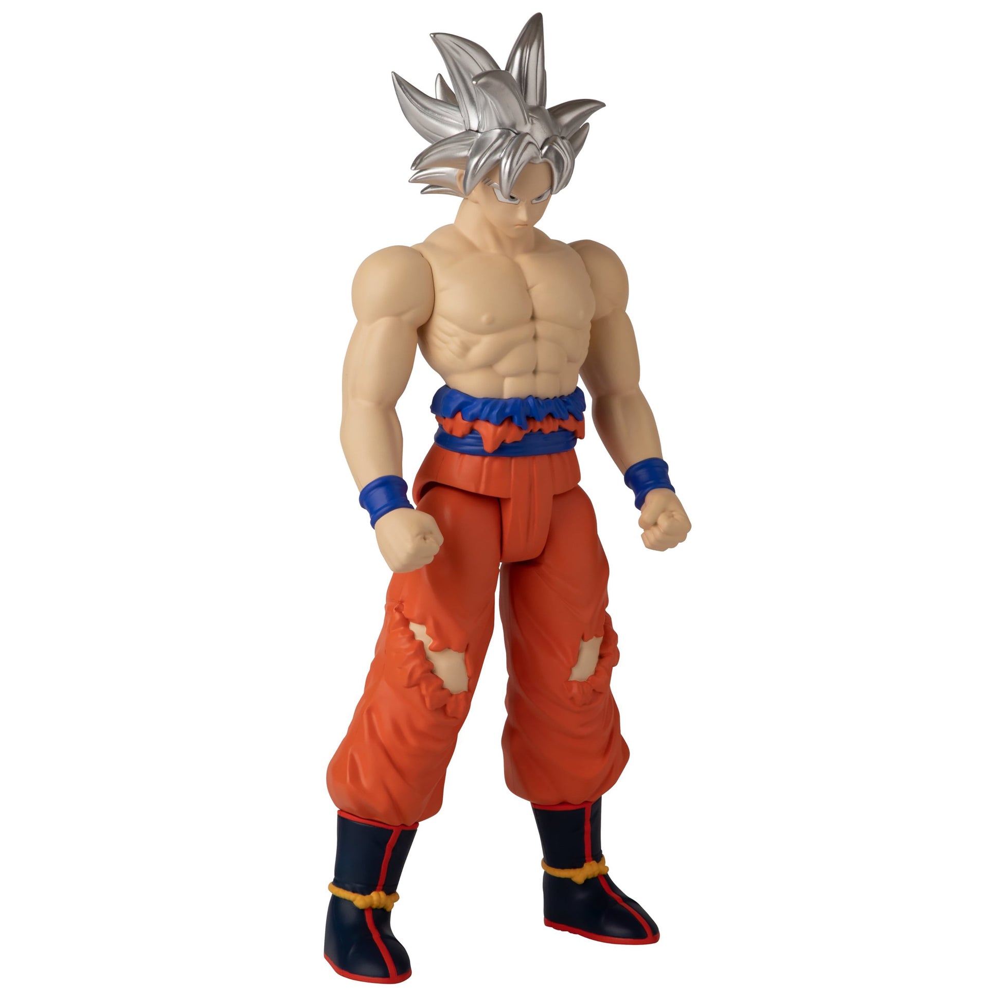 Ultra Instinct Goku action figure with silver spiky hair, muscular tan torso, red pants with rips, blue and red wristbands, and black and gold boots