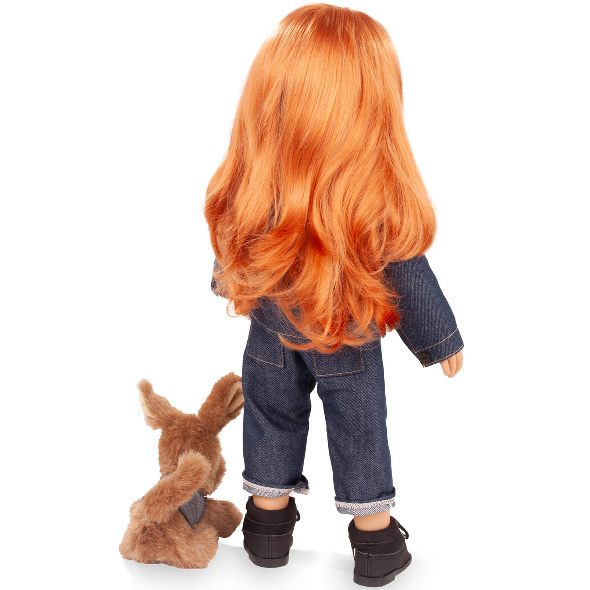 Gotz Hannah doll with orange hair wearing jeans and black boots, standing with brown dog Polly