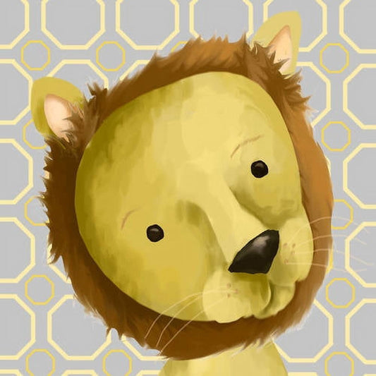 Yellow lion head with brown mane on geometric patterned background, canvas wall art for kids