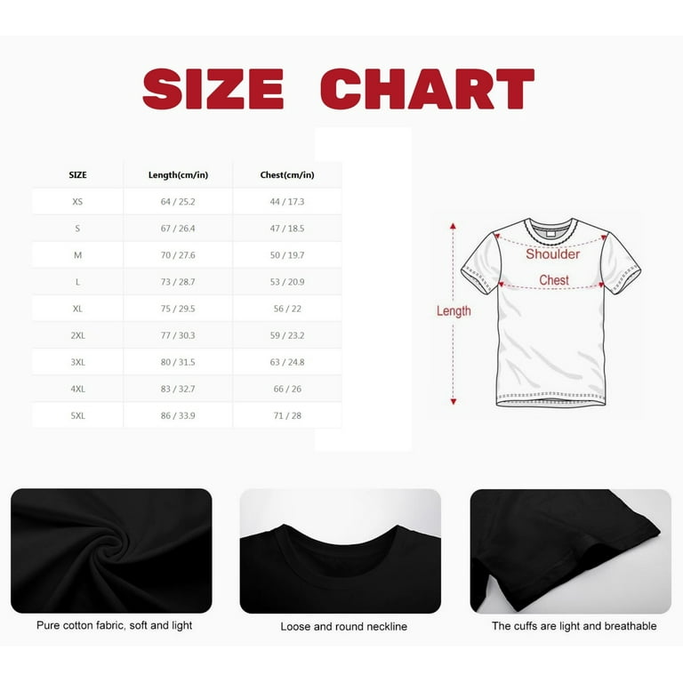 SIZE CHART Shirt sizing guide showing length and chest measurements for XS to 5XL, with diagram of t-shirt indicating shoulder, chest, and length measurement po