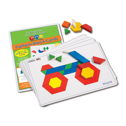 Learning Advantage Pattern Block Cards set with colorful geometric blocks arranged on activity cards showing bicycle pattern, includes box and double-sided card