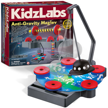 KidzLabs Anti-Gravity Maglev toy set with black magnetic levitation device and red disc magnets on colorful base