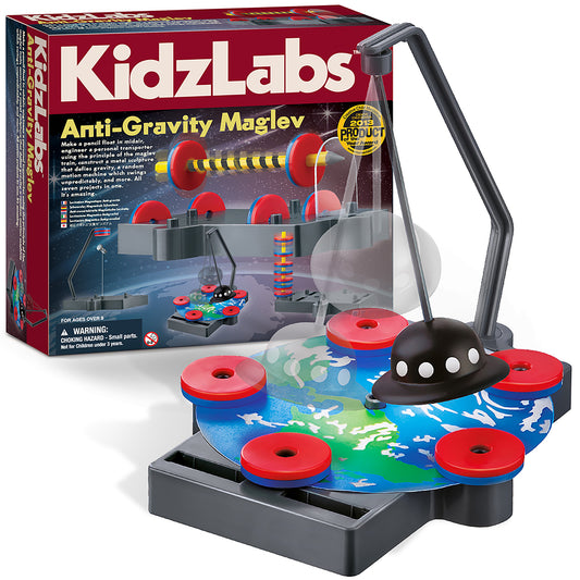 KidzLabs Anti-Gravity Maglev toy set with black magnetic levitation device and red disc magnets on colorful base