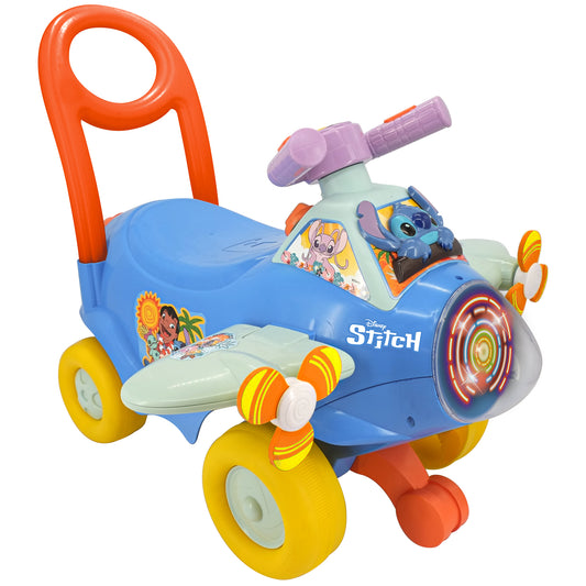 Activity Plane Ride-On Stitch blue airplane toy with yellow wheels and purple accessories