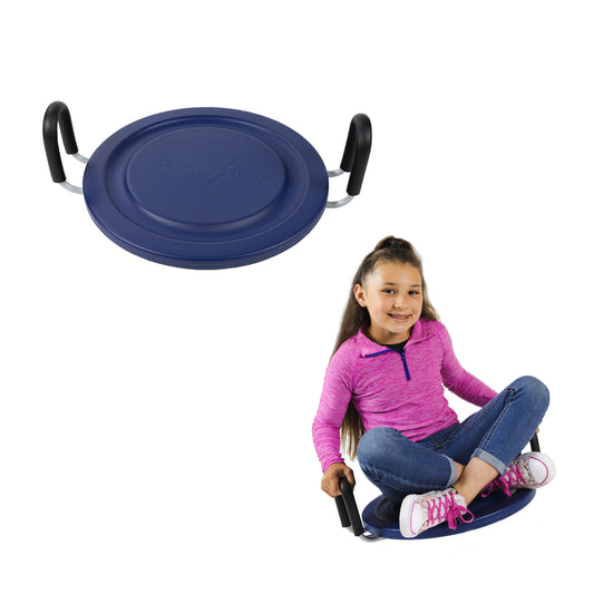 Blue balance board with black handles shown alone and modeled by a child sitting on it in pink long-sleeve shirt and jeans
