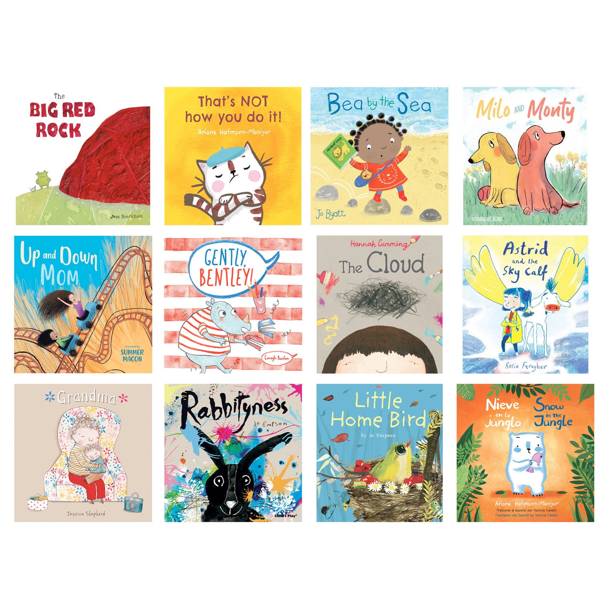 Grid of 12 children's picture books including The Big Red Rock, That's NOT how you do it!, Bea by the Sea, Milo and Monty, Up and Down Mom, Gently Bentley, The