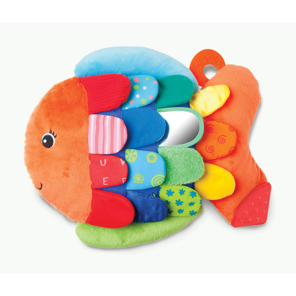 Colorful plush fish toy with orange body, embroidered eye, multiple textured flip segments in red, blue, green, yellow, and patterned fabrics, and hanging ring