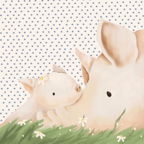 Two cream-colored bunny plush toys in grass with white flowers on blue polka-dot background, canvas wall art