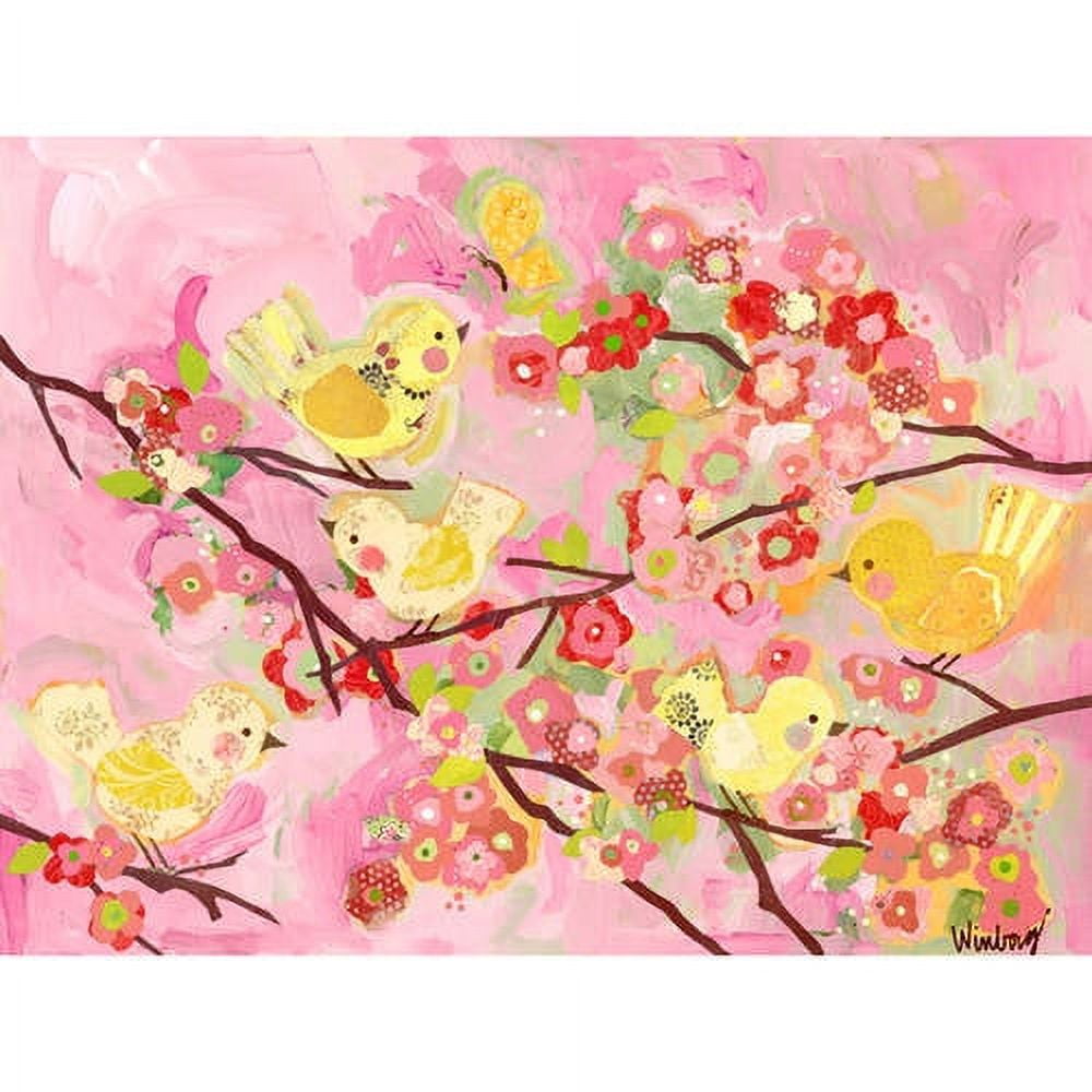 Canvas art with yellow birds perched on brown branches surrounded by pink, red, and white flowers on a pink background