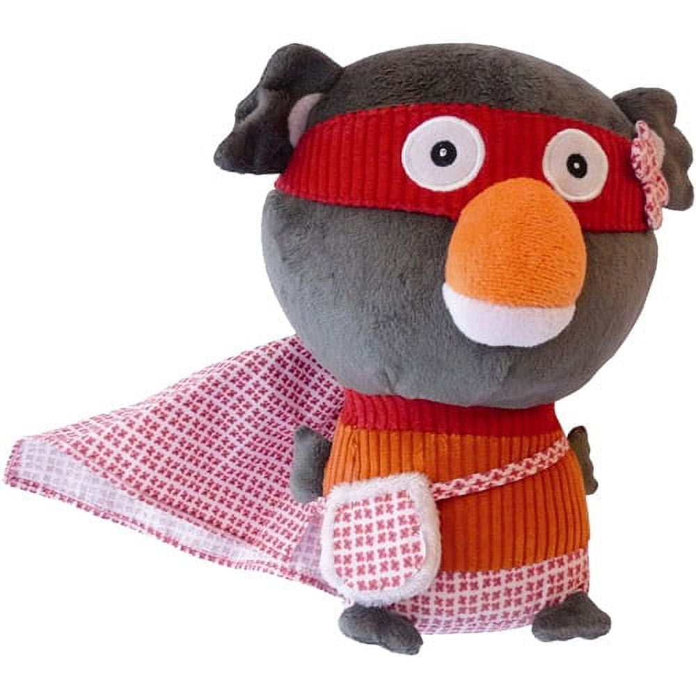 Gray plush koala with large round head, black ears, and big white eyes with black pupils behind a red mask. Orange beak nose, red and orange ribbed fabric torso