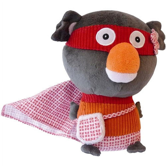 Gray plush koala with large round head, black ears, and big white eyes with black pupils behind a red mask. Orange beak nose, red and orange ribbed fabric torso