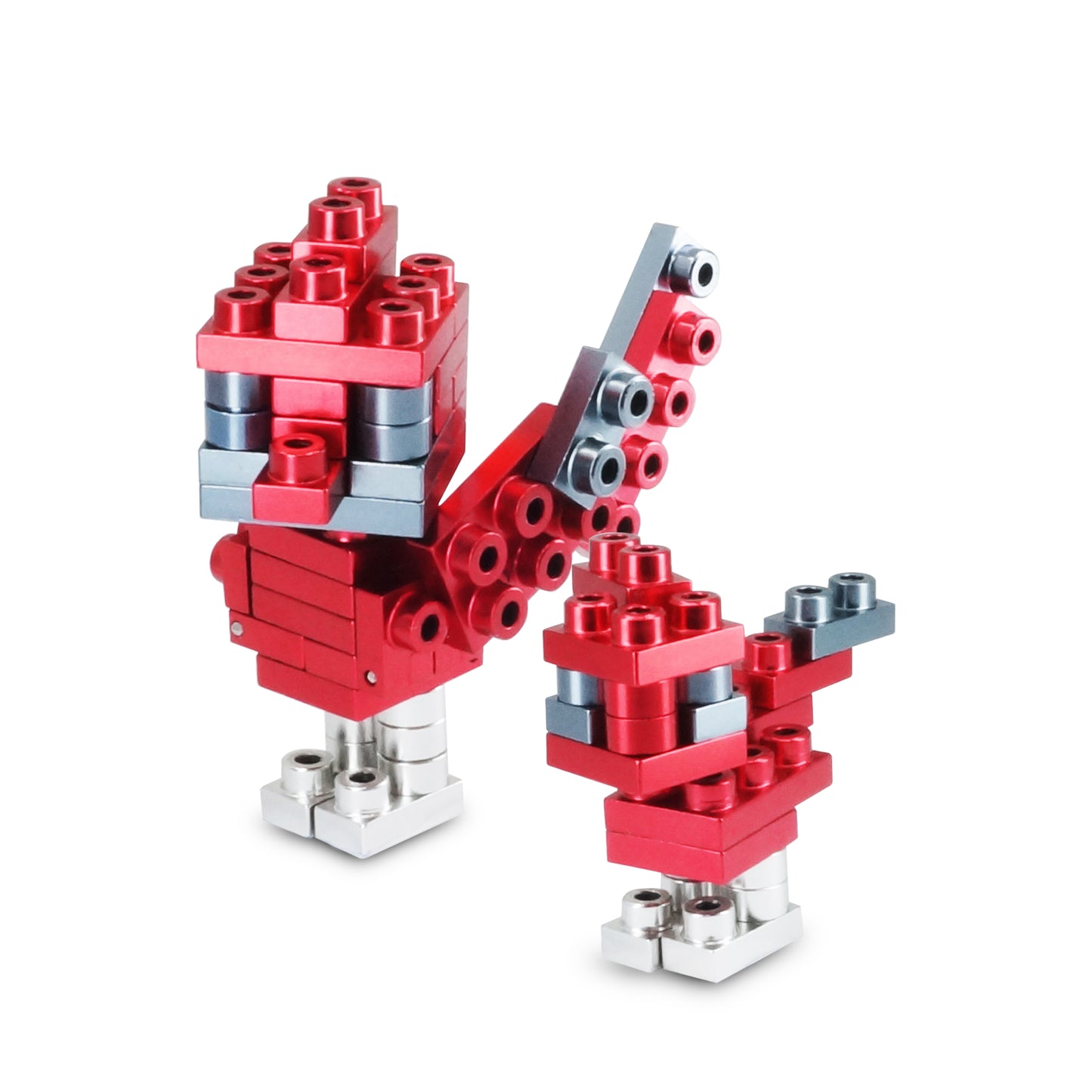 Two red and silver modular building figures with connected geometric blocks and metallic base connectors, designed as poseable character construction sets