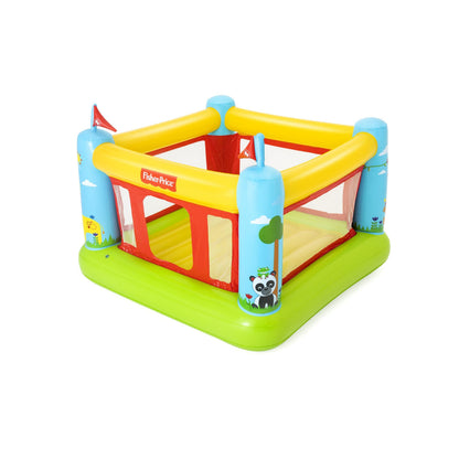 Fisher-Price Bouncetastic inflatable bounce house with yellow and blue frame, red interior walls, and lime green base on plain background