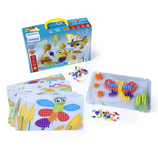 Miniland Educational Pegs Set with blue storage case, 180 colorful pegs, clear pegboard, and 6 illustrated pattern cards showing insects and nature designs