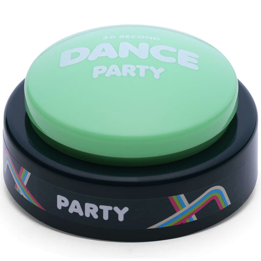 30 Second Dance Party green button toy with black base and colorful accents