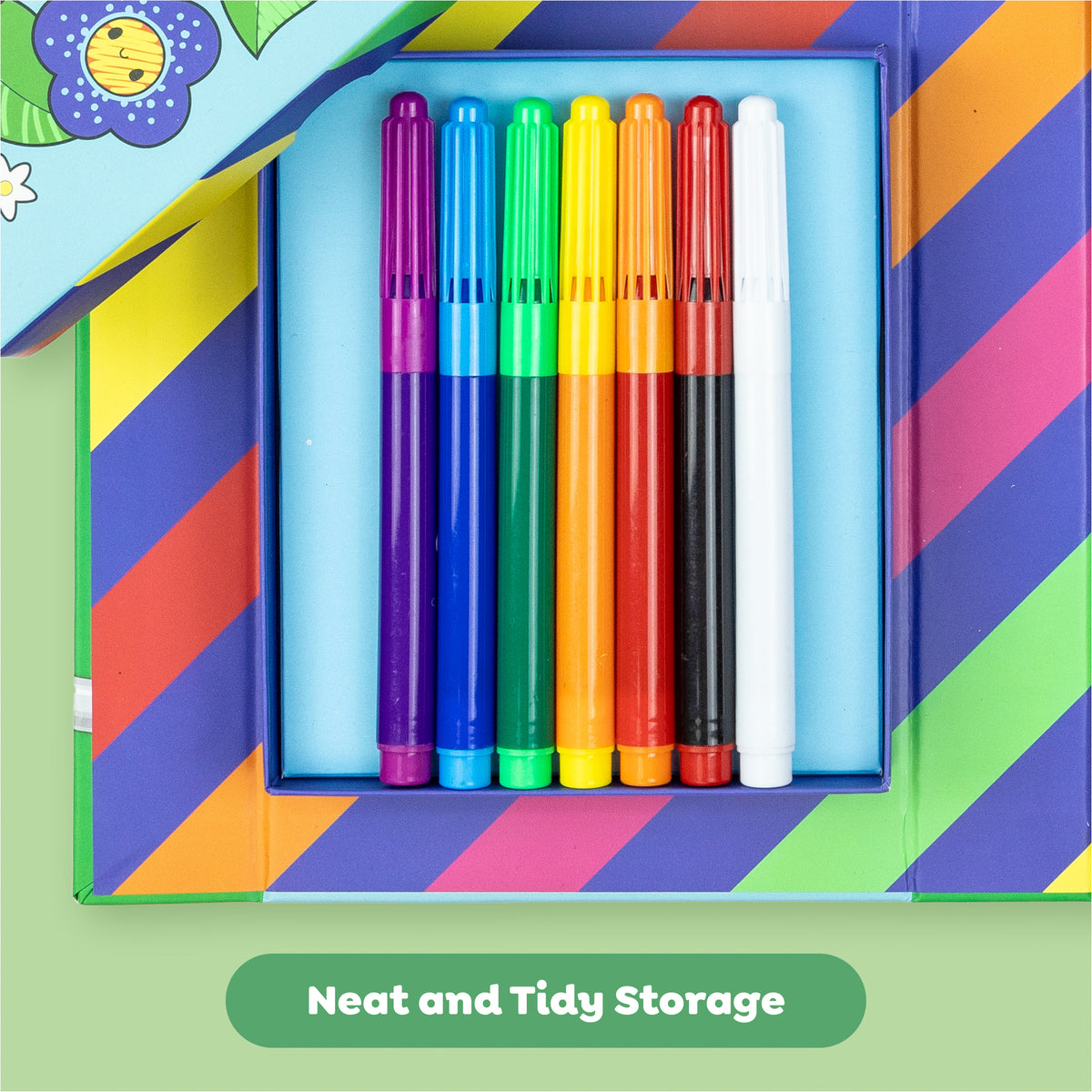 Color Change Magic Marker Coloring Set with 7 markers in purple, blue, green, yellow, orange, red, and white arranged...