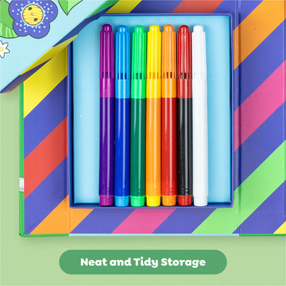 Color Change Magic Marker Coloring Set with 7 markers in purple, blue, green, yellow, orange, red, and white arranged...