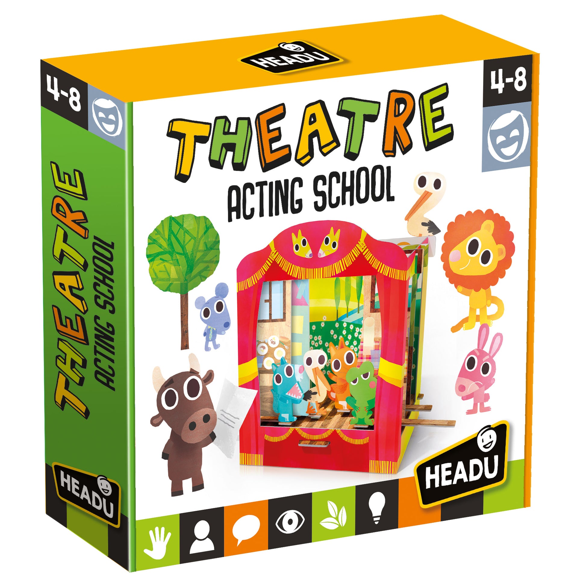 Theatre Acting School playset with red and gold stage, colorful character figures, and tree prop on package front