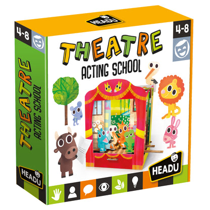 Theatre Acting School playset with red and gold stage, colorful character figures, and tree prop on package front