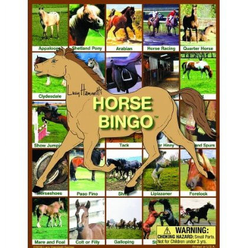 Horse Bingo game board featuring a tan horse illustration in center with yellow "HORSE BINGO" text, surrounded by photo grid squares showing different horse bre