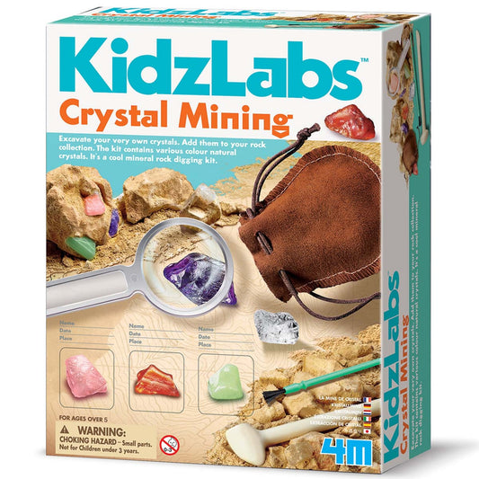 4M KidzLabs Crystal Mining Kit with excavation tools, colorful crystals, and brown pouch