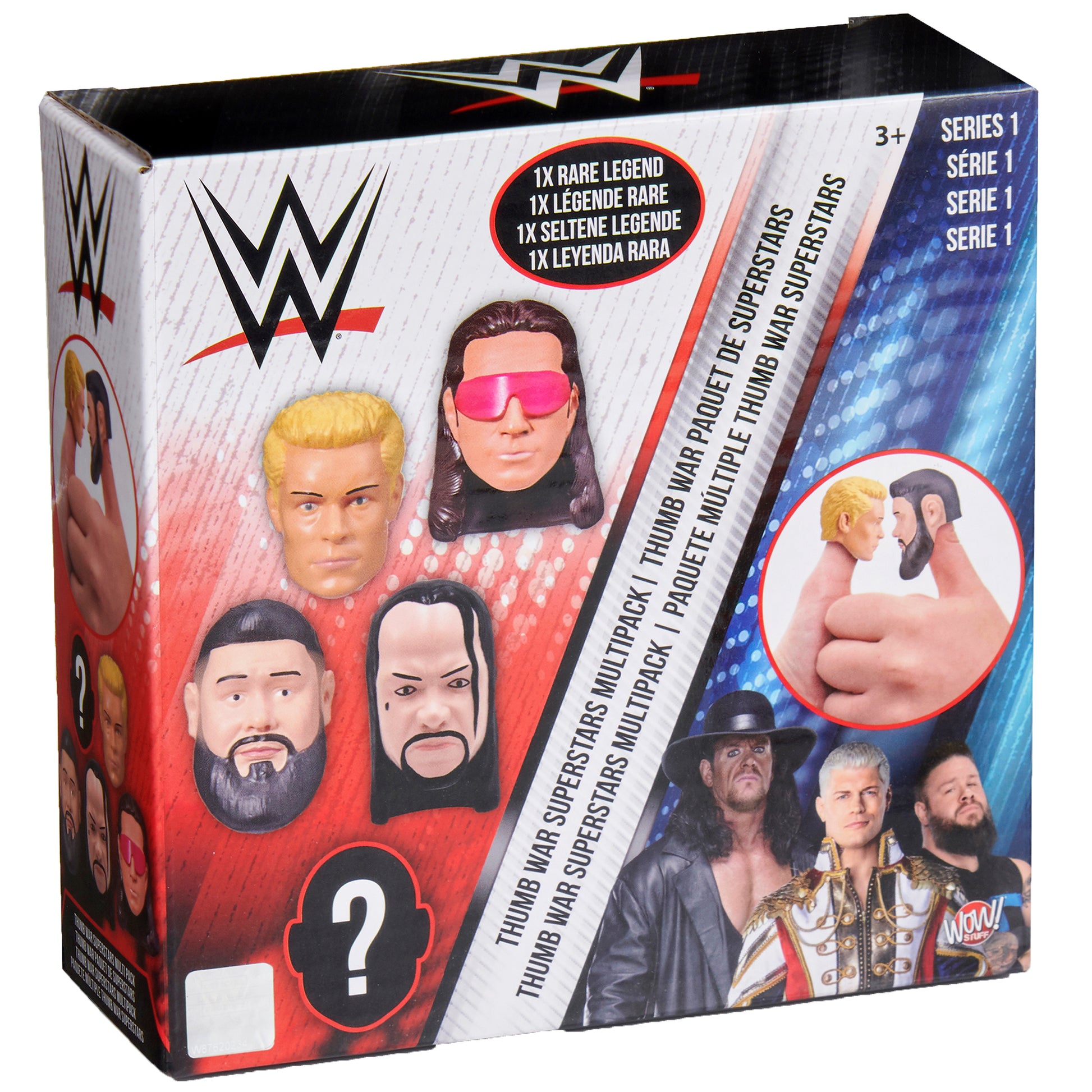WWE Thumb Wars Superstar Showdown 5-pack featuring four wrestler thumb puppet heads with interchangeable faces and one mystery figure, Series 1