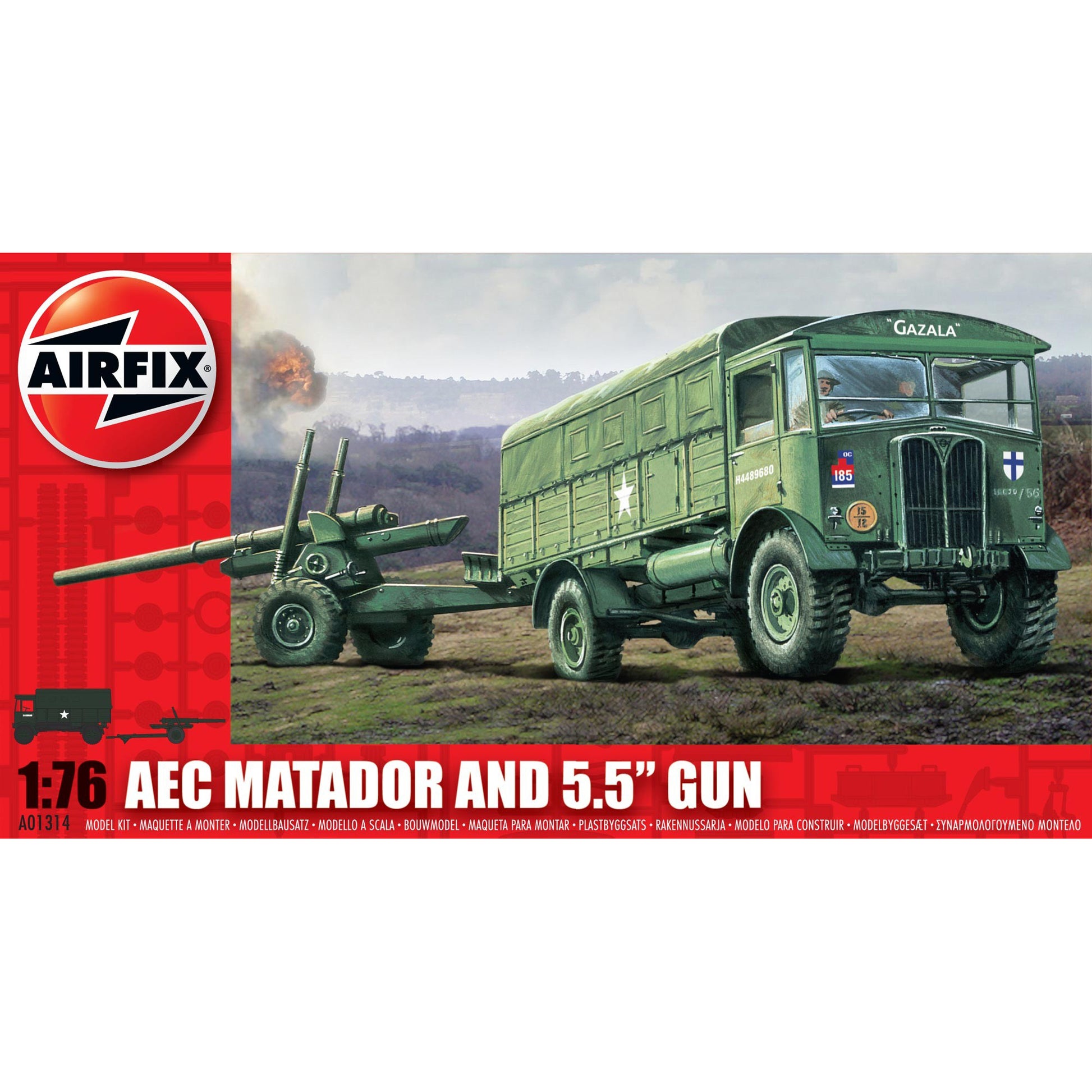 1:76 scale Airfix model kit box showing green AEC Matador military truck and 5.5 inch gun with countryside battlefield scene