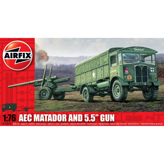 1:76 scale Airfix model kit box showing green AEC Matador military truck and 5.5 inch gun with countryside battlefield scene