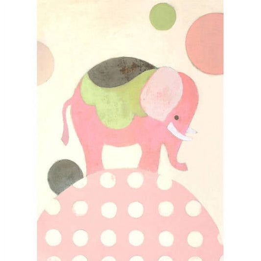 Pink elephant with green and gray accents standing on polka-dotted base, surrounded by colorful circles on cream background