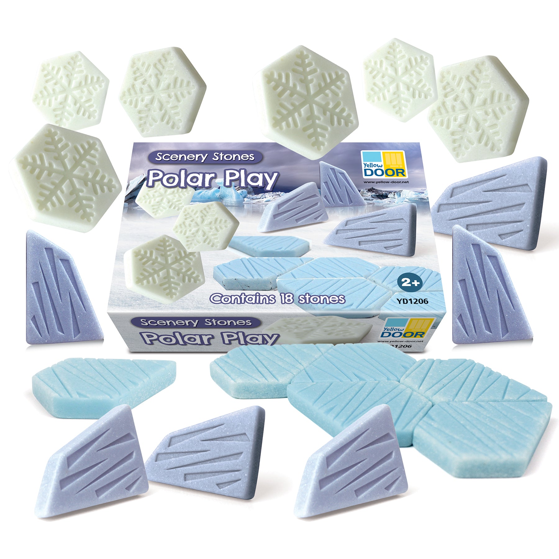 Polar Play Scenery Stones set of 18 pieces including cream snowflake hexagons, light blue leaf-textured stones, and purple angular ice-shaped pieces arranged ar
