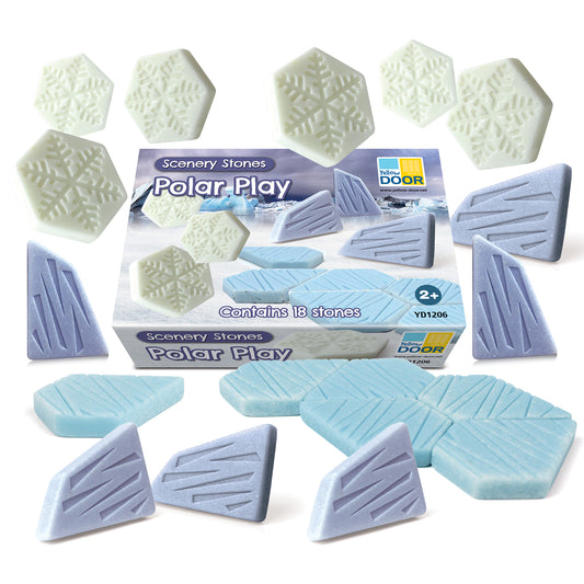 Polar Play Scenery Stones set of 18 pieces including cream snowflake hexagons, light blue leaf-textured stones, and purple angular ice-shaped pieces arranged ar