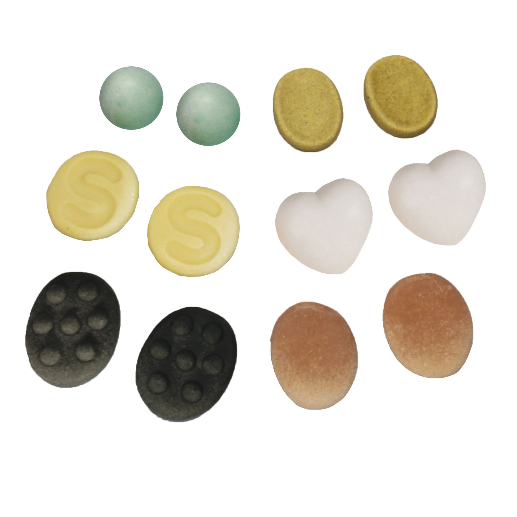 Set of 12 sensory worry stones in various colors and shapes including green spheres, yellow discs with spiral patterns, white hearts, tan ovals, and black ovals