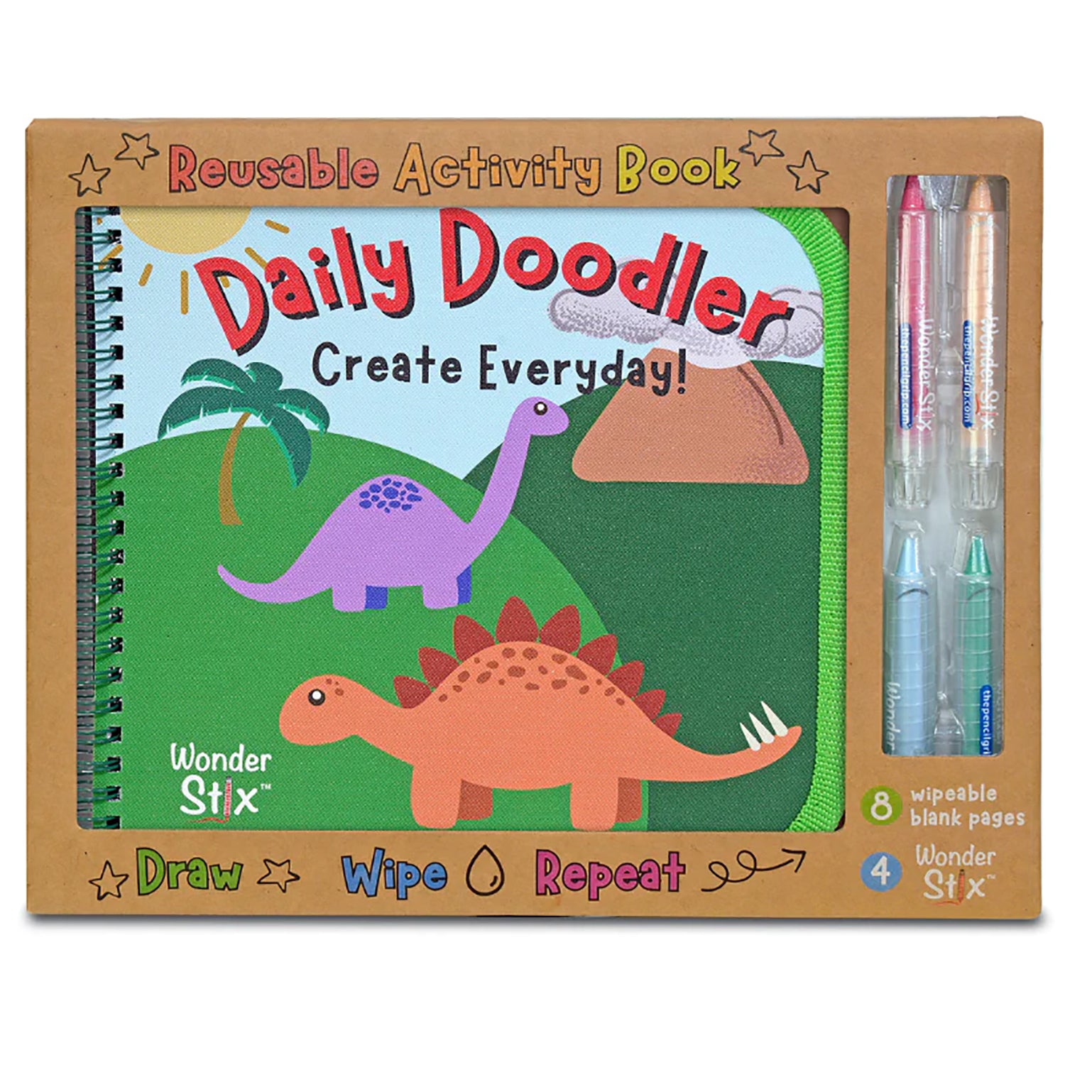 Daily Doodler dinosaur-themed reusable activity book with spiralbound pages showing purple and orange dinosaurs, palm tree, and mountain, packaged with 4 Wonder