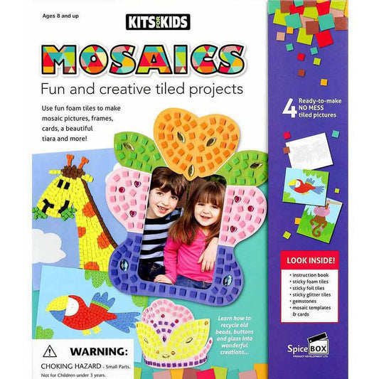 Kits for Kids Mosaics craft kit box showing two children with foam tile mosaic art projects including colorful bird and tiara designs