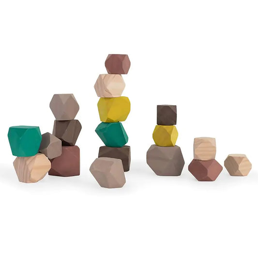 Set of 18 wooden hexagonal and geometric blocks in natural wood, cream, brown, teal, and yellow stacked in various towers on a white background