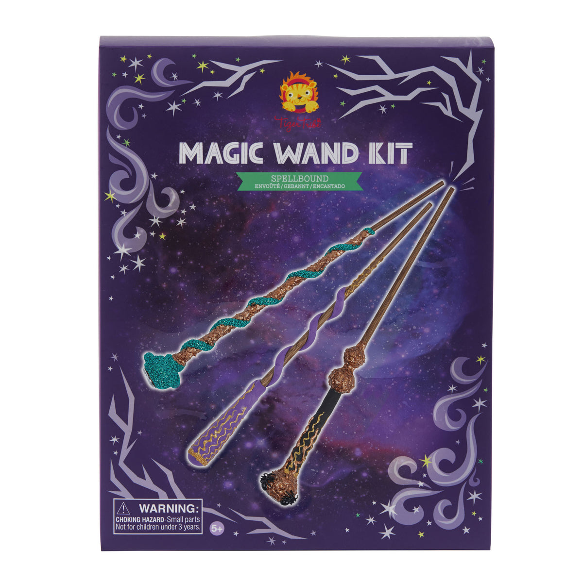 Tiger Tribe Spellbound Magic Wand Kit package showing three decorative wands with glittery embellishments on purple starry background