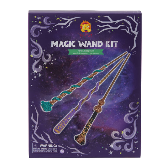 Tiger Tribe Spellbound Magic Wand Kit package showing three decorative wands with glittery embellishments on purple starry background