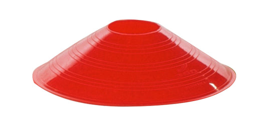 Red plastic saucer cone marker, 7 inches, used for training drills and agility exercises