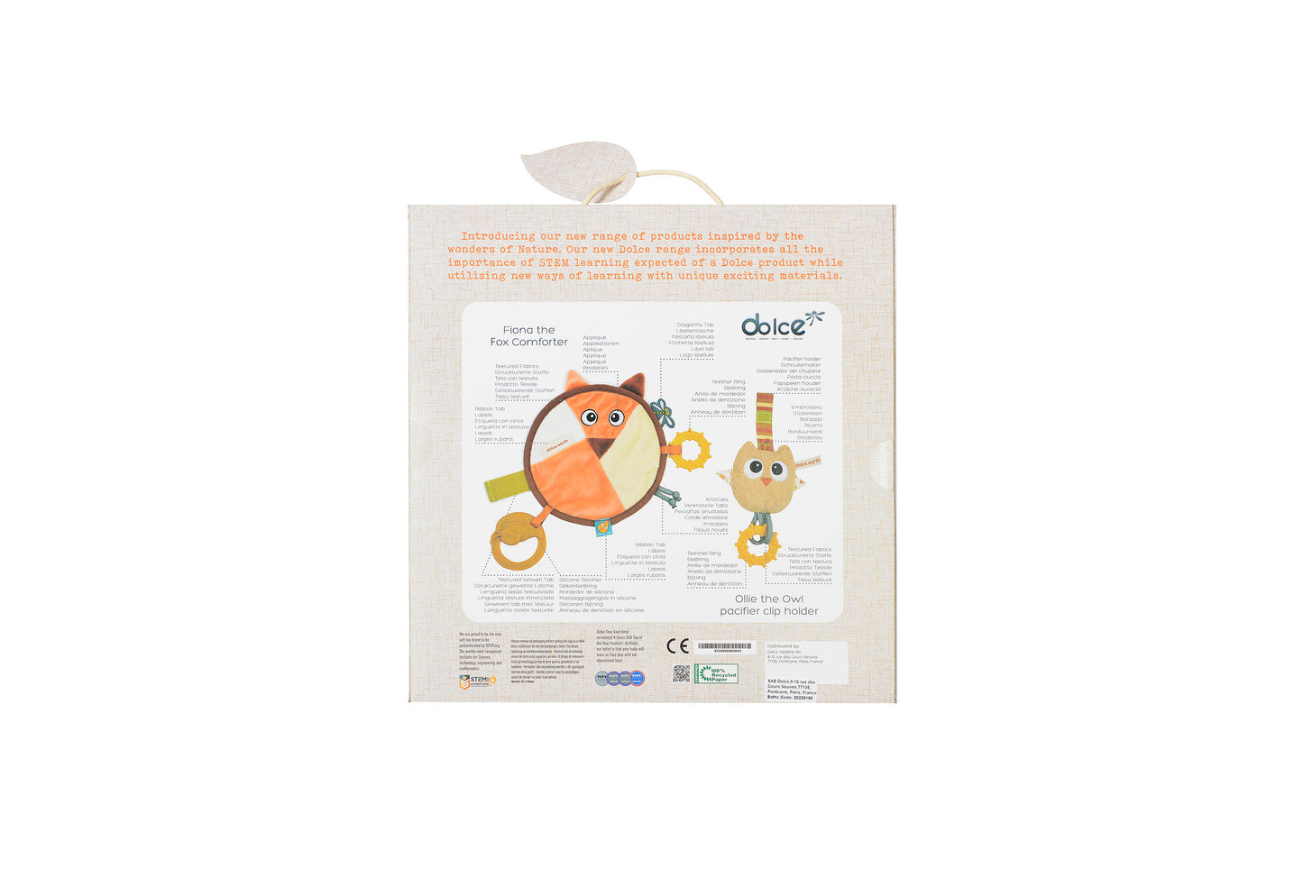 Dolce Plush Fiona Fox & Ollie Owl Comforter and Pacifier Holder Set packaging back showing product details, features, and Ollie Owl pacifier clip holder