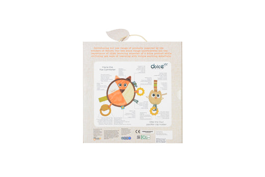 Dolce Plush Fiona Fox & Ollie Owl Comforter and Pacifier Holder Set packaging back showing product details, features, and Ollie Owl pacifier clip holder