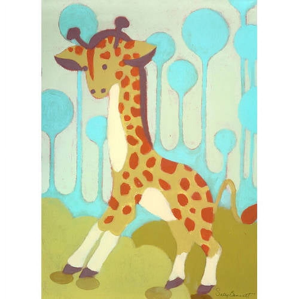 Illustrated yellow giraffe with red spots standing in a stylized landscape with blue trees and green grass