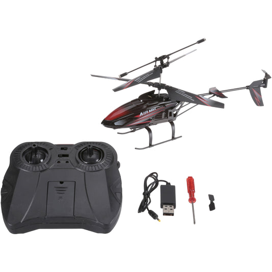 AIRMAX red and black remote control helicopter with controller, USB charger, screwdriver, and small parts displayed on white background