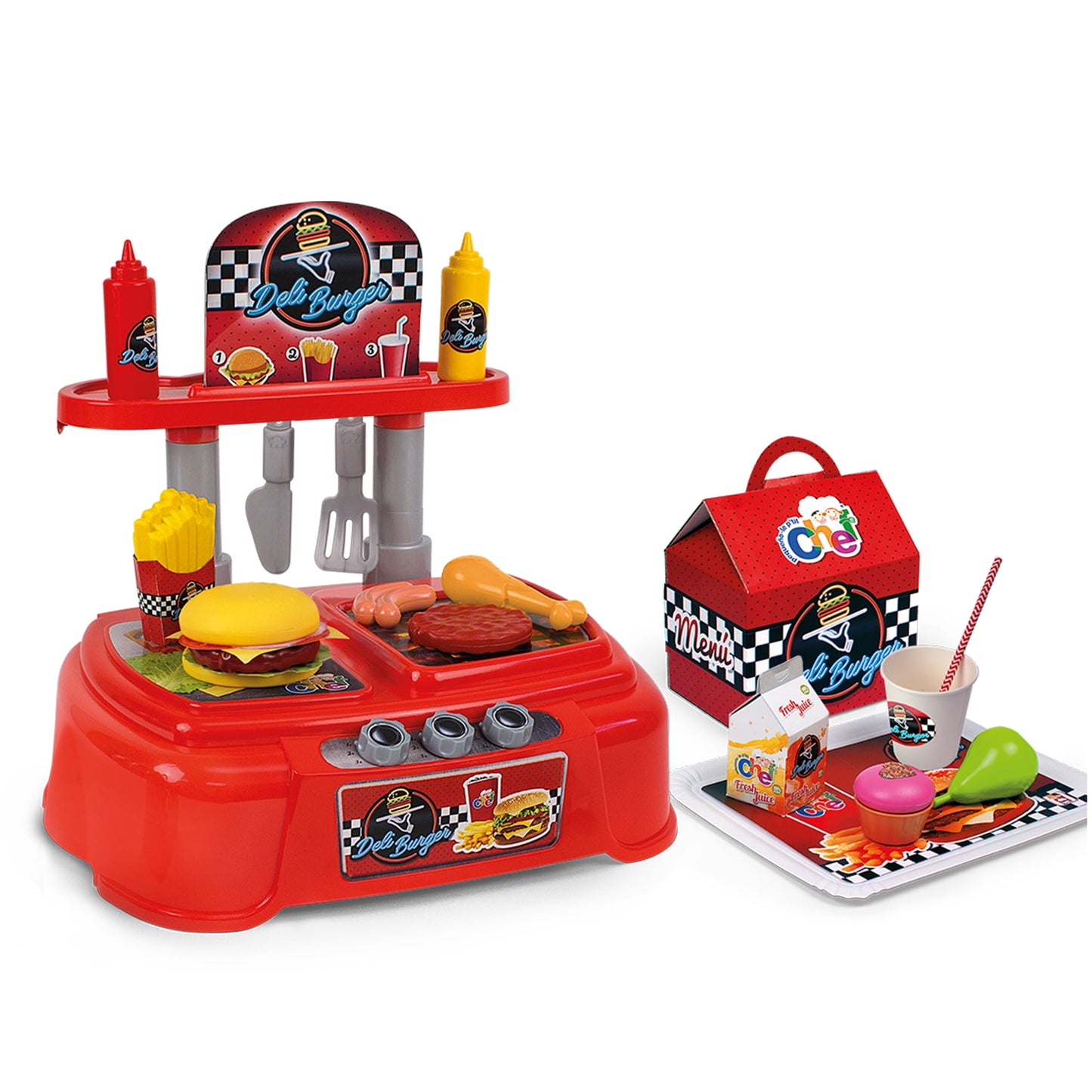 Red deli burger play kitchen with two-tier counter, cooking accessories, condiment bottles, and separate takeout house with food items and tableware