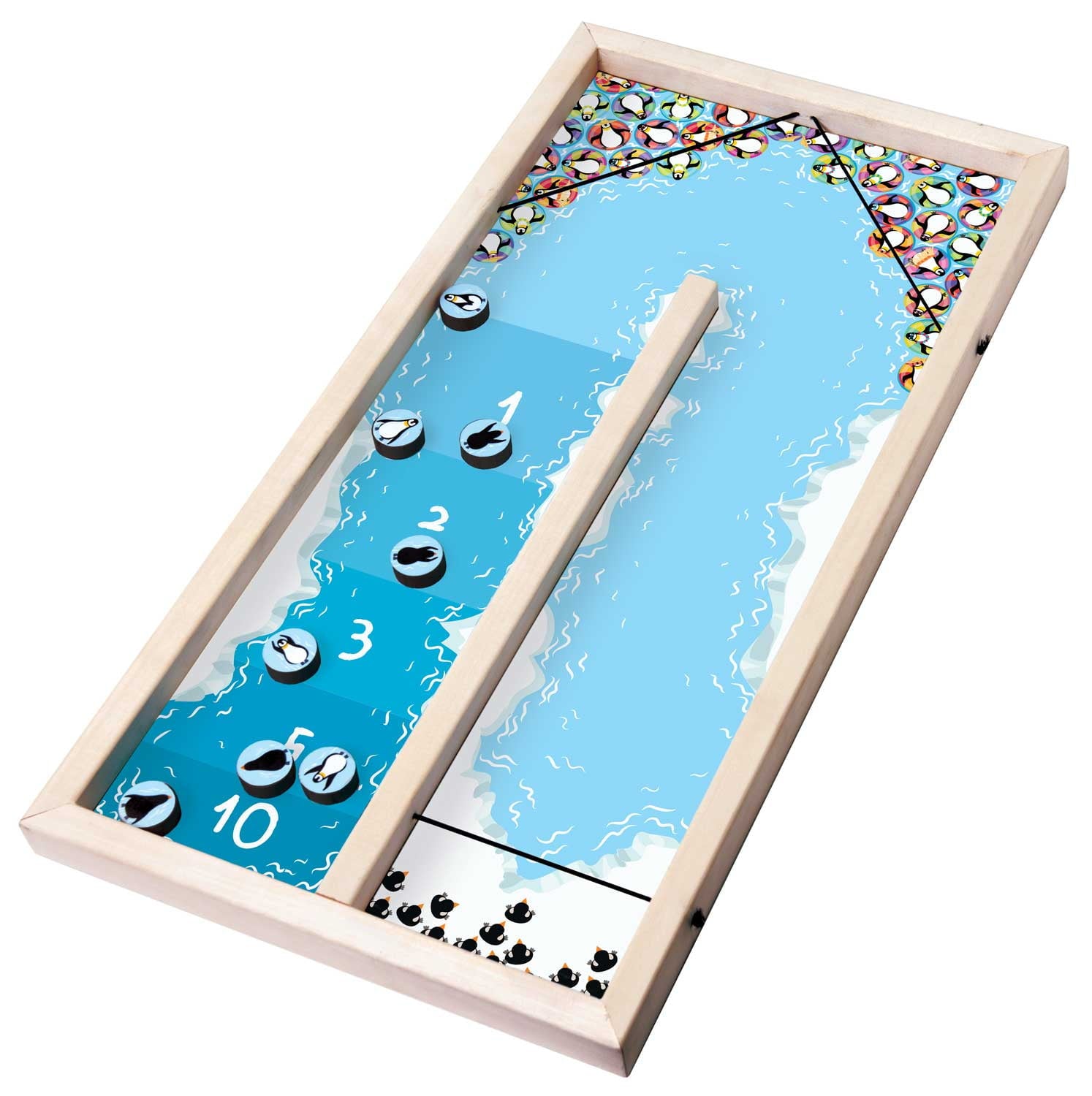 Rustik Pingpole Dual Challenge board game with wooden frame, blue water playing surface, penguin and yeti game pieces numbered 1-10, and colorful penguin-patter